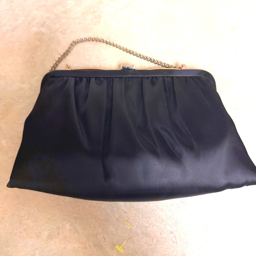 Vintage Ande Black Satin Ruched Evening Clutch Bag Gold Hardware Chain Strap